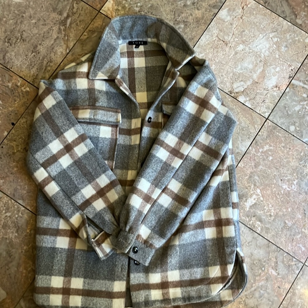WOOL BLEND PLAID SHACKET NEW M Warm Tan Gray Cream